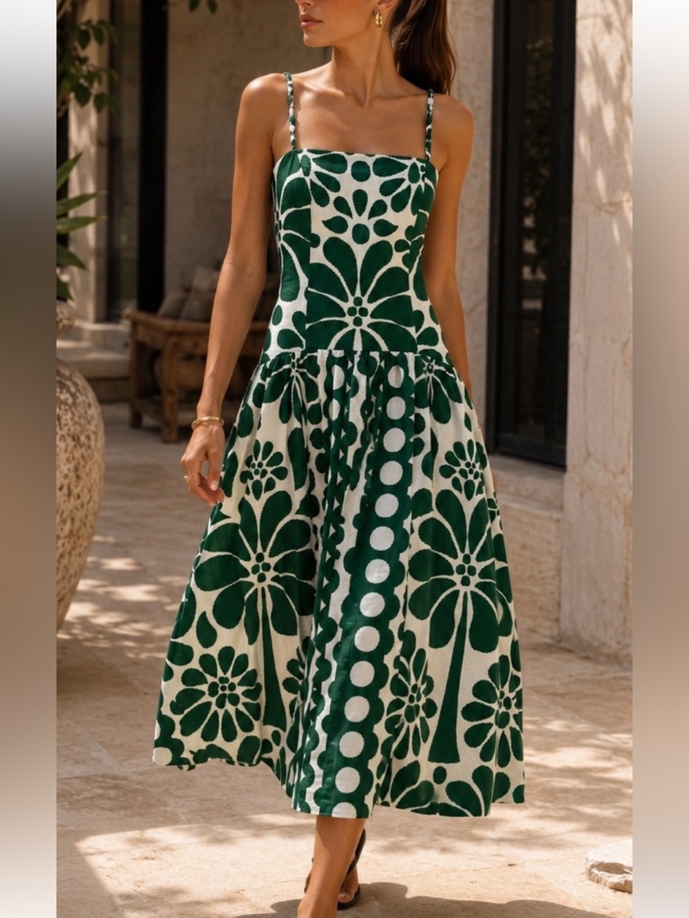 NWT Caroline Constas Green White Linen Blend Midi Dress S